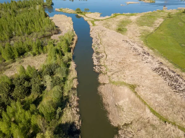 Yeşil bir çayırda nehir sızıntısı. Hava aracı görünümü.