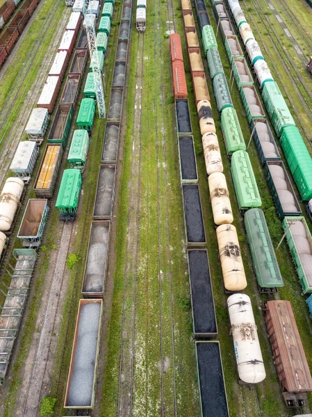 Freight Trains Railway Tracks Aerial Drone Top View Sunny Spring — Stock Photo, Image