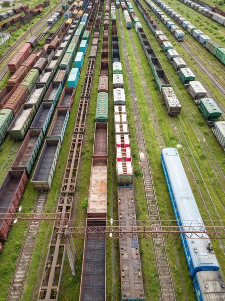 Freight Trains Railway Tracks Aerial Drone Top View Sunny Spring — Stock Photo, Image