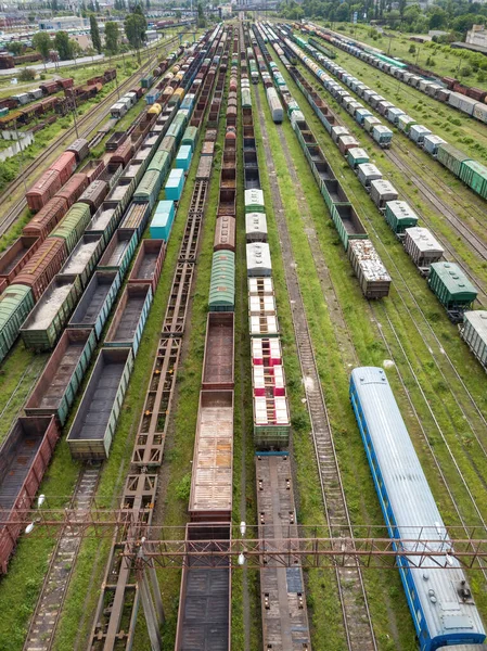 Tren Raylarındaki Yük Trenleri Hava Aracı Üst Görüntüsü Güneşli Bahar — Stok fotoğraf