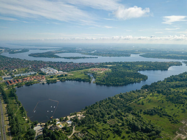 Dnieper River on the outskirts of Kiev. Aerial drone view.