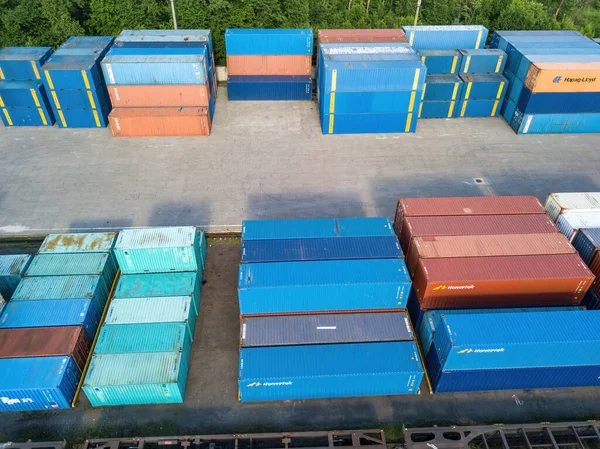 Multicolored Freight Containers Railway Customs Aerial Drone View — Stock Photo, Image