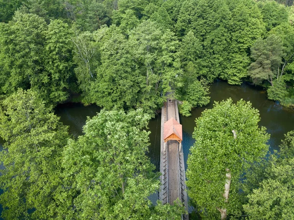 Pont Piétonnier Dans Parc Travers Rivière Vue Aérienne Drone — Photo