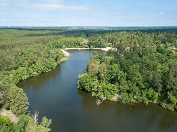 Danau Hutan Konifer Pada Musim Semi Tampilan Drone Udara — Stok Foto