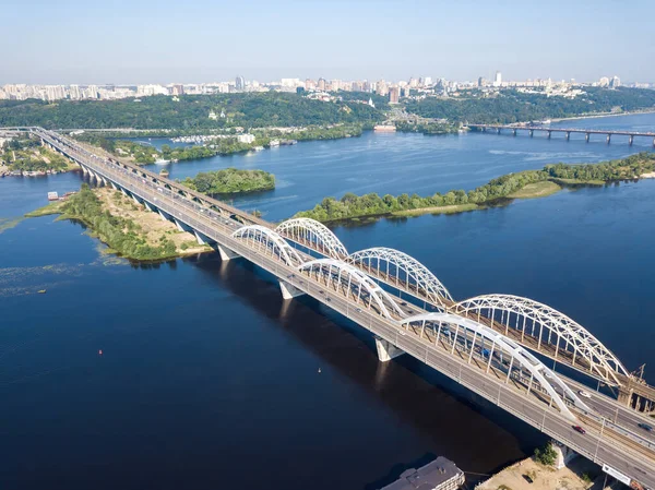 Darnitsky Brug Kiev Bij Zonnig Weer Luchtdrone Zicht — Stockfoto