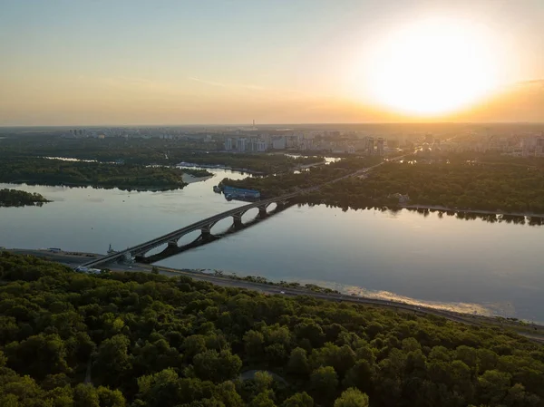 Der Dnjepr Kiew Morgengrauen Klarer Morgen Drohnenblick Aus Der Luft — Stockfoto