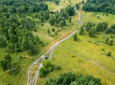 Yeşil yaz ormanlarında toprak yol. Hava aracı görünümü.