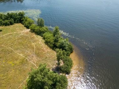 Yazın nehir kıyısında. Hava aracı görünümü.