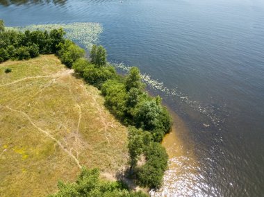 Yazın nehir kıyısında. Hava aracı görünümü.