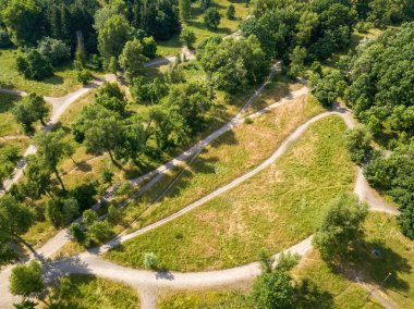 Yazın parkta toprak yol. Hava aracı görünümü.