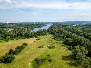 Yazın nehrin yanındaki yeşil çayır. Hava aracı görünümü.