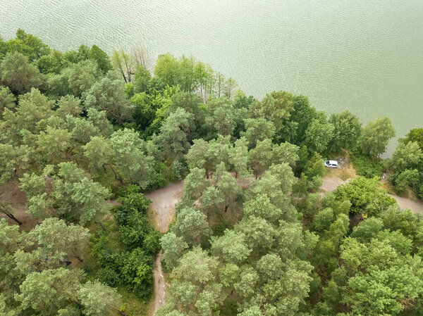 Forest lake in summer. Aerial drone view.