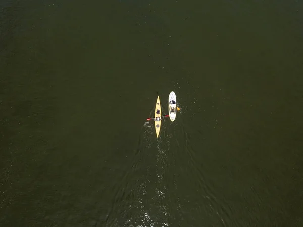 Kajak Auf Dem Fluss Sommer Drohnenblick Aus Der Luft — Stockfoto