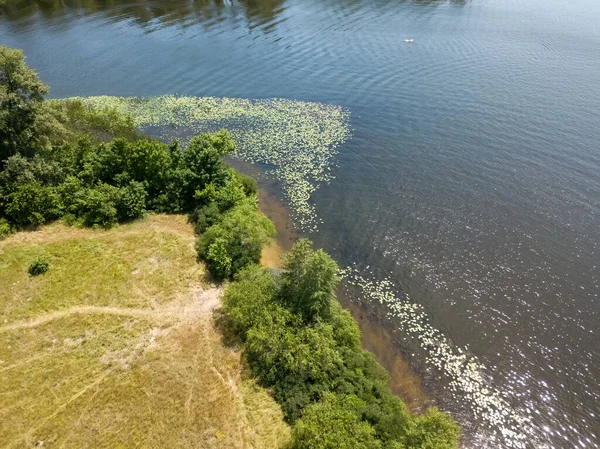 Yazın nehir kıyısında. Hava aracı görünümü.