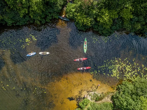 Kayak Narrow River Green Banks Summer Aerial Drone View — Stock Photo, Image