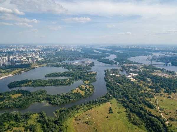 Ποταμός Δνείπερου Στο Κίεβο Καλοκαίρι Αεροφωτογραφία Τηλεκατευθυνόμενου — Φωτογραφία Αρχείου