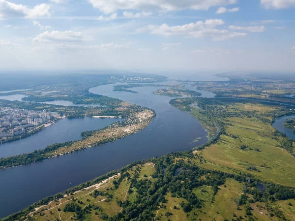 Létě Řeka Dněpru Kyjevě Zobrazení Leteckých Dronů — Stock fotografie