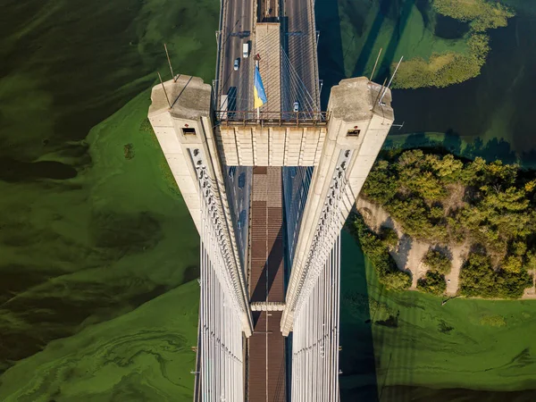 Zuidbrug Kiev Algen Bloeien Het Water Van Rivier Dnjepr Luchtdrone — Stockfoto