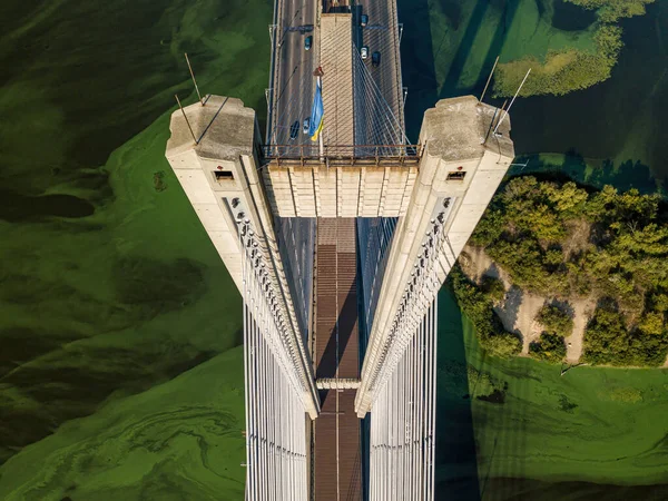 Ponte Sul Kiev Algas Florescem Água Rio Dnieper Vista Aérea — Fotografia de Stock