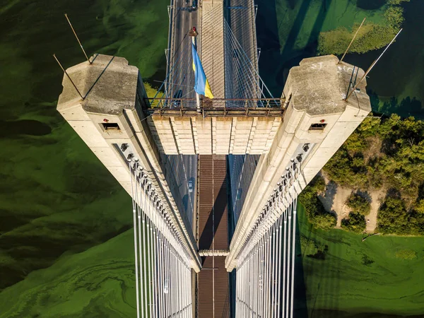 Ponte Sul Kiev Algas Florescem Água Rio Dnieper Vista Aérea — Fotografia de Stock