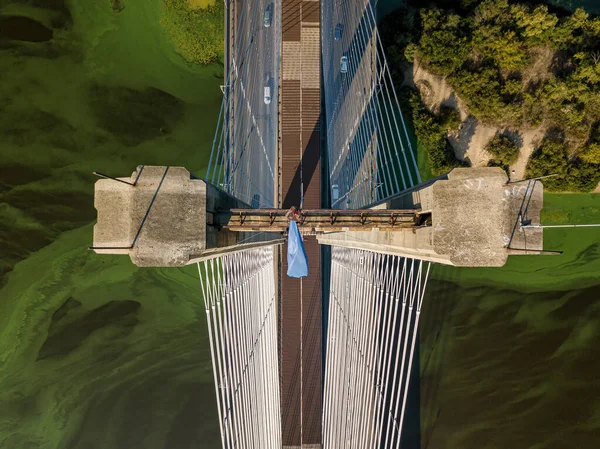 Zuidbrug Kiev Algen Bloeien Het Water Van Rivier Dnjepr Luchtdrone — Stockfoto