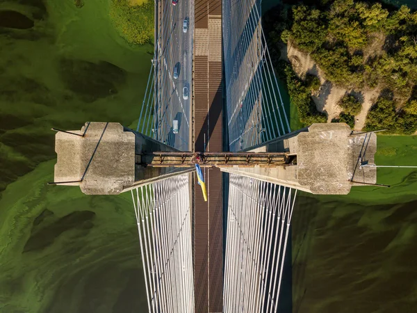 Zuidbrug Kiev Algen Bloeien Het Water Van Rivier Dnjepr Luchtdrone — Stockfoto