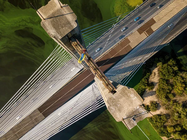 South Bridge Kiev Algae Bloom Water Dnieper River Aerial Drone — Stock Photo, Image