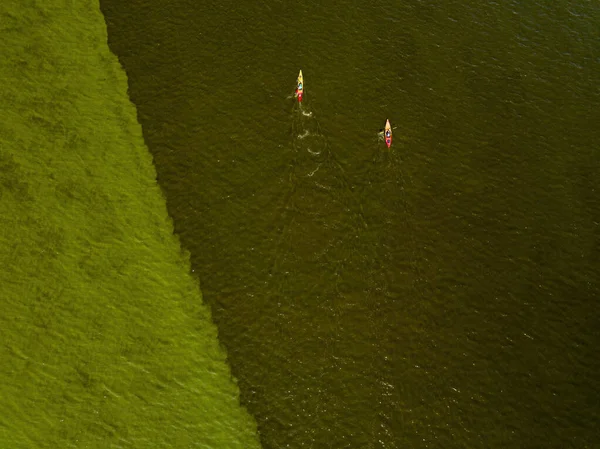 Kayaks Agua Verde Del Río Vista Superior Del Dron Aéreo — Foto de Stock