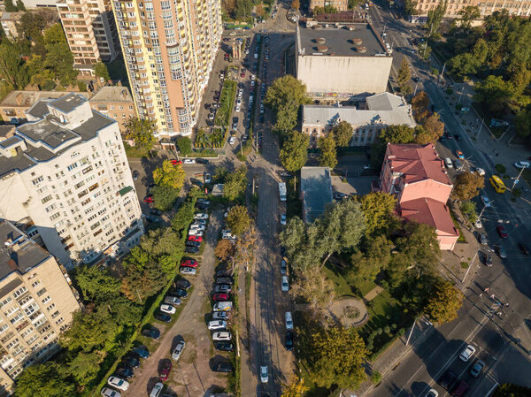 Houses in the business area of Kiev. Summer sunny day. Aerial drone view.