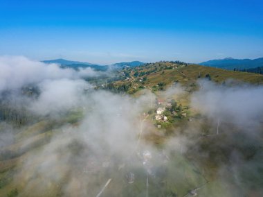 İnce bir sabah sisi Ukrayna dağlarını kaplıyor. Dağların yamaçlarında yeşil çimenler. Kıvırcık ince bir sis dağların üzerine yayılıyor. Hava aracı görünümü.