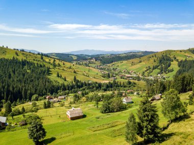 Güneşli bir yaz sabahında Ukrayna Karpatlarının yeşil dağları. Dağ yamaçlarında kozalaklı ağaçlar ve yeşil çimenler. Hava aracı görünümü.
