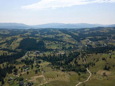 Güneşli bir yaz sabahında Ukrayna Karpatlarının yeşil dağları. Dağ yamaçlarında kozalaklı ağaçlar ve yeşil çimenler. Hava aracı görünümü.
