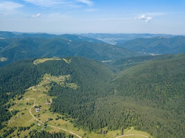 Güneşli bir yaz sabahında Ukrayna Karpatlarının yeşil dağları. Dağ yamaçlarında kozalaklı ağaçlar ve yeşil çimenler. Hava aracı görünümü.