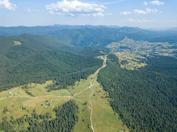 Groene Bergen Van Oekraïense Karpaten Een Zonnige Zomerochtend Naaldbomen Berghellingen — Stockfoto