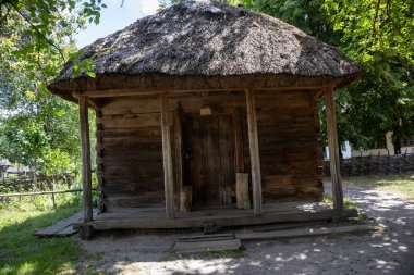 Kırsal alanda sazdan çatılı geleneksel ahşap kulübe
