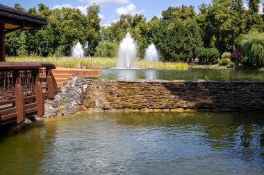 Taş şelaleli dekoratif gölet ve peyzaj parkındaki çeşmeler.