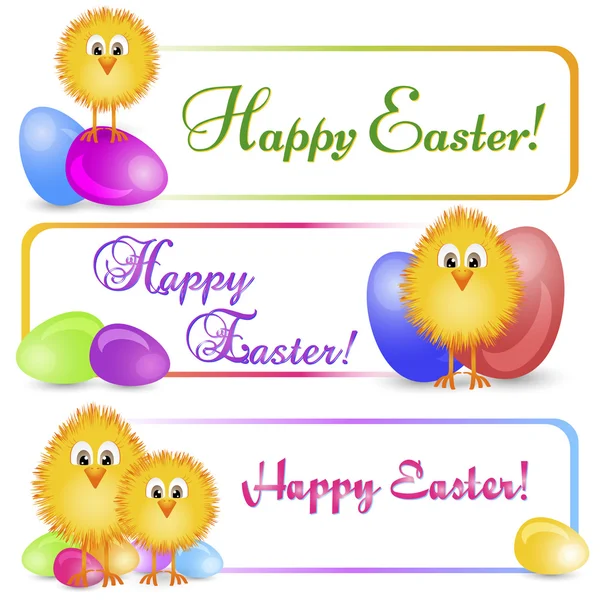 Húsvéti csirke és festett tojásokat színes szalagok — Stock Vector