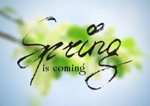 La primavera sta arrivando. Biglietto di benvenuto con lettering — Vettoriale Stock