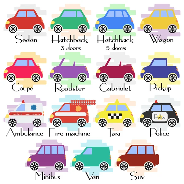 Conjunto de varios tipos de iconos de carrocería de coche en estilo plano — Vector de stock