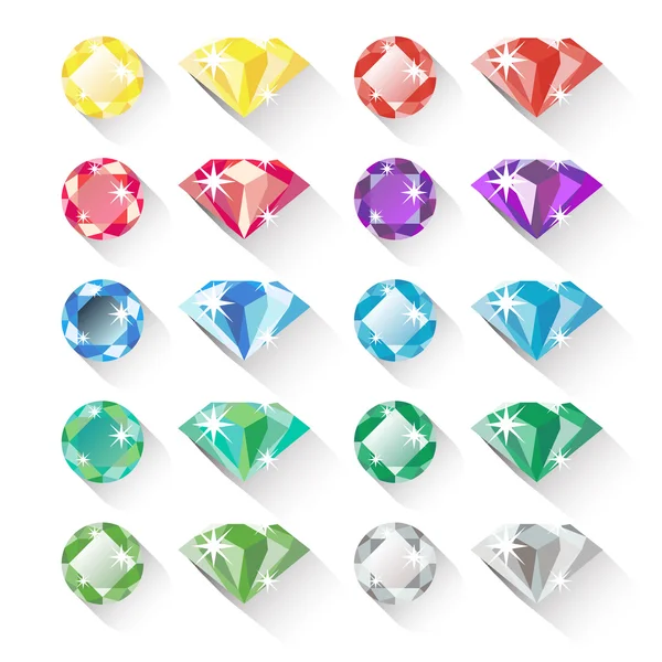 Set of colorful precious gem icons in flat style — Stock Vector