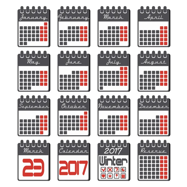 De pictogrammen van de kalender instellen voor 2017 jaar in vlakke stijl — Stockvector