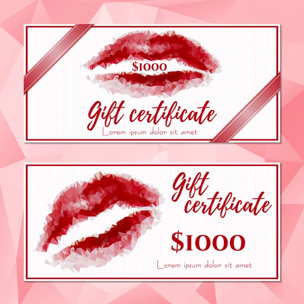 Templates of vouchers with red polygonal lips — Stock Vector