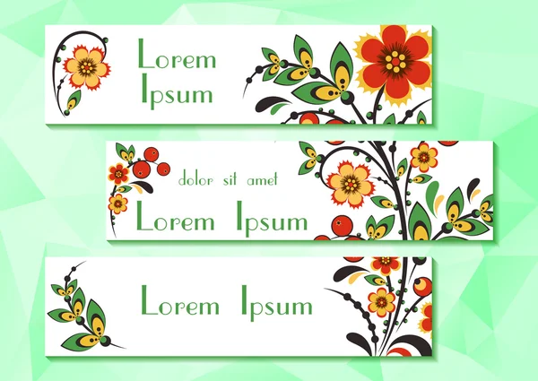 Tres pancartas con adorno floral Hohloma — Vector de stock