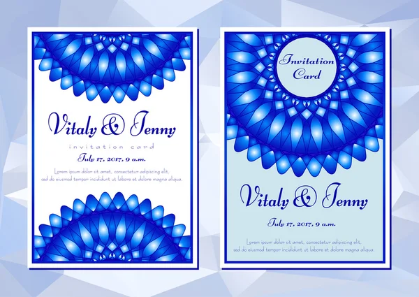 Tarjetas de invitación con adorno de mandala azul — Vector de stock