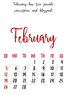 Calendar grid with lettering for 2017. February clipart