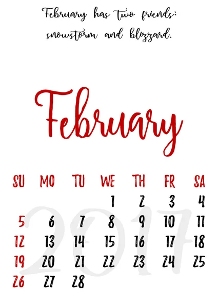 Cuadrícula de calendario con letras para 2017. Febrero — Vector de stock