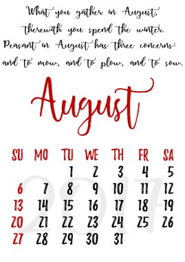 Calendar grid with lettering for 2017. August clipart