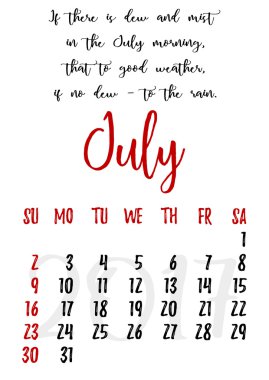 Calendar grid with lettering for 2017. July clipart