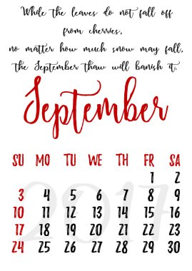 Calendar grid with lettering for 2017. September clipart