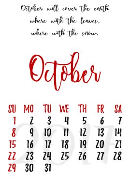 Calendar grid with lettering for 2017. October clipart